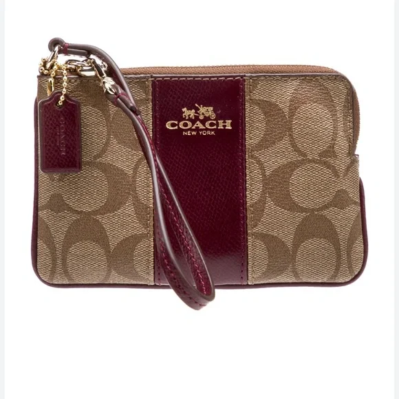 Coach Signature Leather Corner Zip Khaki Cherry Wristlet - Picture 1 of 16